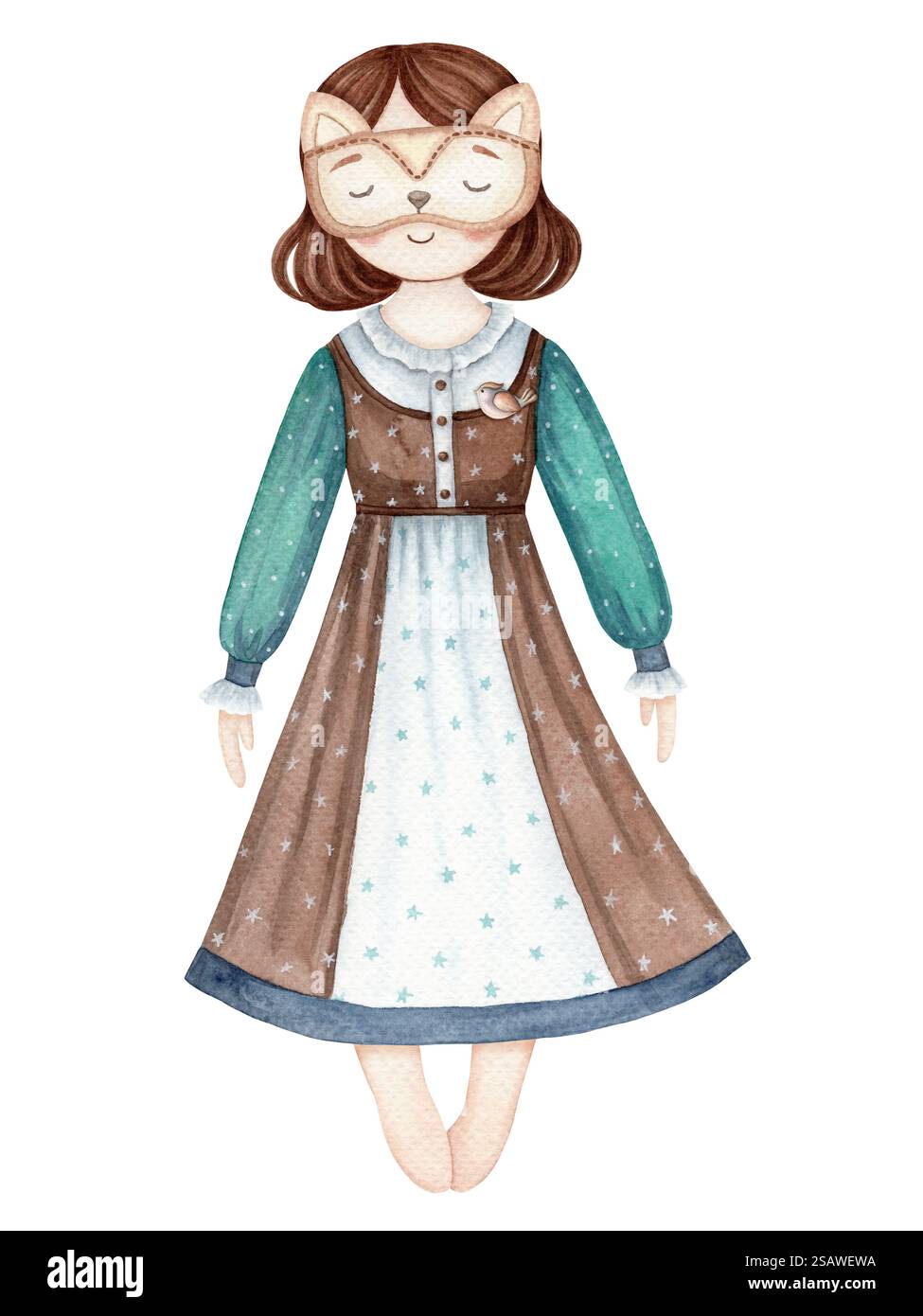 Schlafendes Mädchen im Nachthemd und Fuchs Schlafmaske nette Baby-Illustration im Cartoon-Stil. Handgezeichneter Aquarellcharakter für Kinder. Perfekt für die Stockfoto