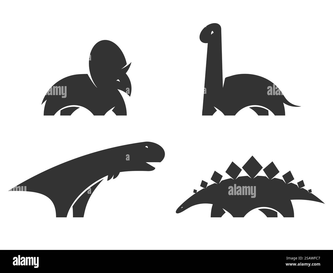 Designelement mit Dinosaurier-Vektor-Logo. Jurassic Park World. Legen Sie die Silhouette der Dinosaurier auf weißem Hintergrund isoliert fest. Websitevorlage für Sammlung von Dino-Symbolen. Stock Vektor