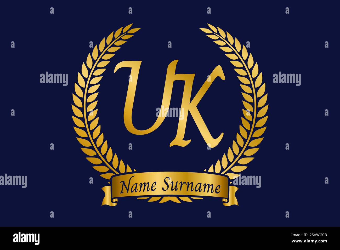 Anfangsbuchstaben U und K, Logo im britischen Monogramm mit Lorbeerkranz. Luxuriöses goldenes Emblem mit Kalligraphie-Schriftart. Stock Vektor