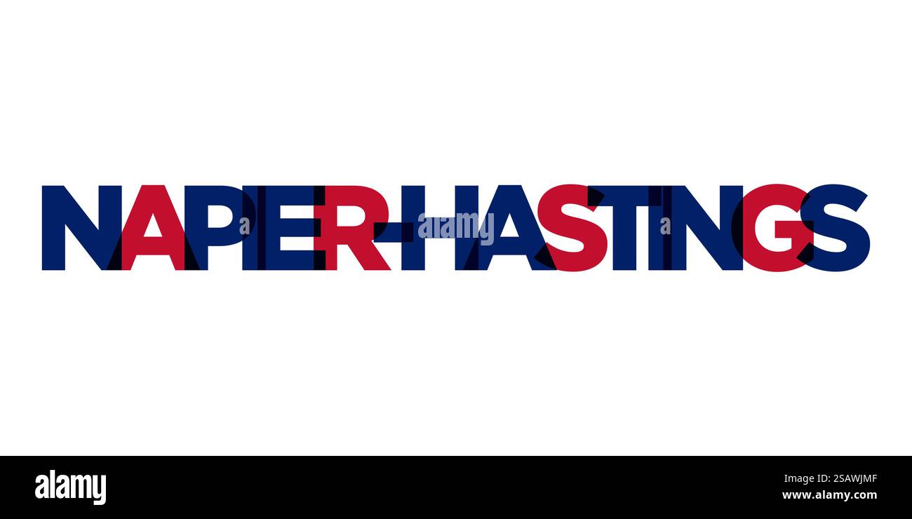 Napier Hastings im neuseeländischen Emblem für Print und Web. Design mit geometrischem Stil, Vektorillustration mit auffälliger Typografie in moderner Schrift. Schriftzug mit grafischem Schriftzug auf weißem Hintergrund. Stock Vektor