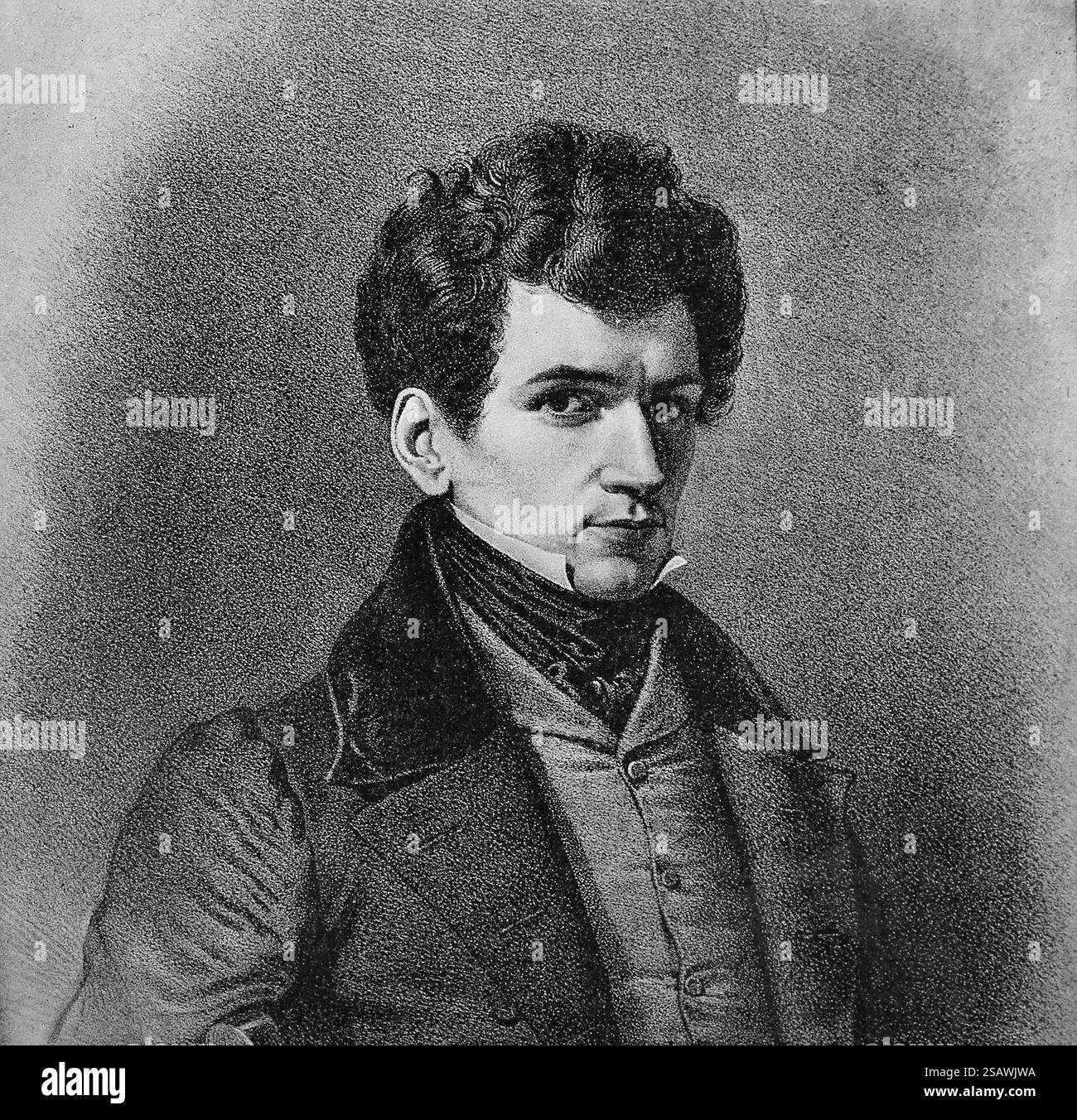 Armand Carrel (1800-1836). Französischer Journalist und politischer Schriftsteller. Hochformat. Stich 'Journées révolutionnaires' 1830-1848, París. Stockfoto