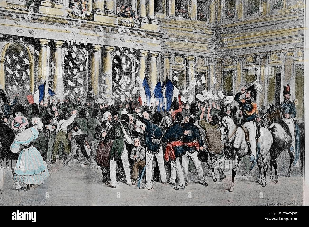 Der Herzog von Orleans verteilte seine Proklamation am 31. Juli 1830 an die unter den Fenstern seines Palastes versammelten Menschen. Gravur, V. Adam. 19 Stockfoto