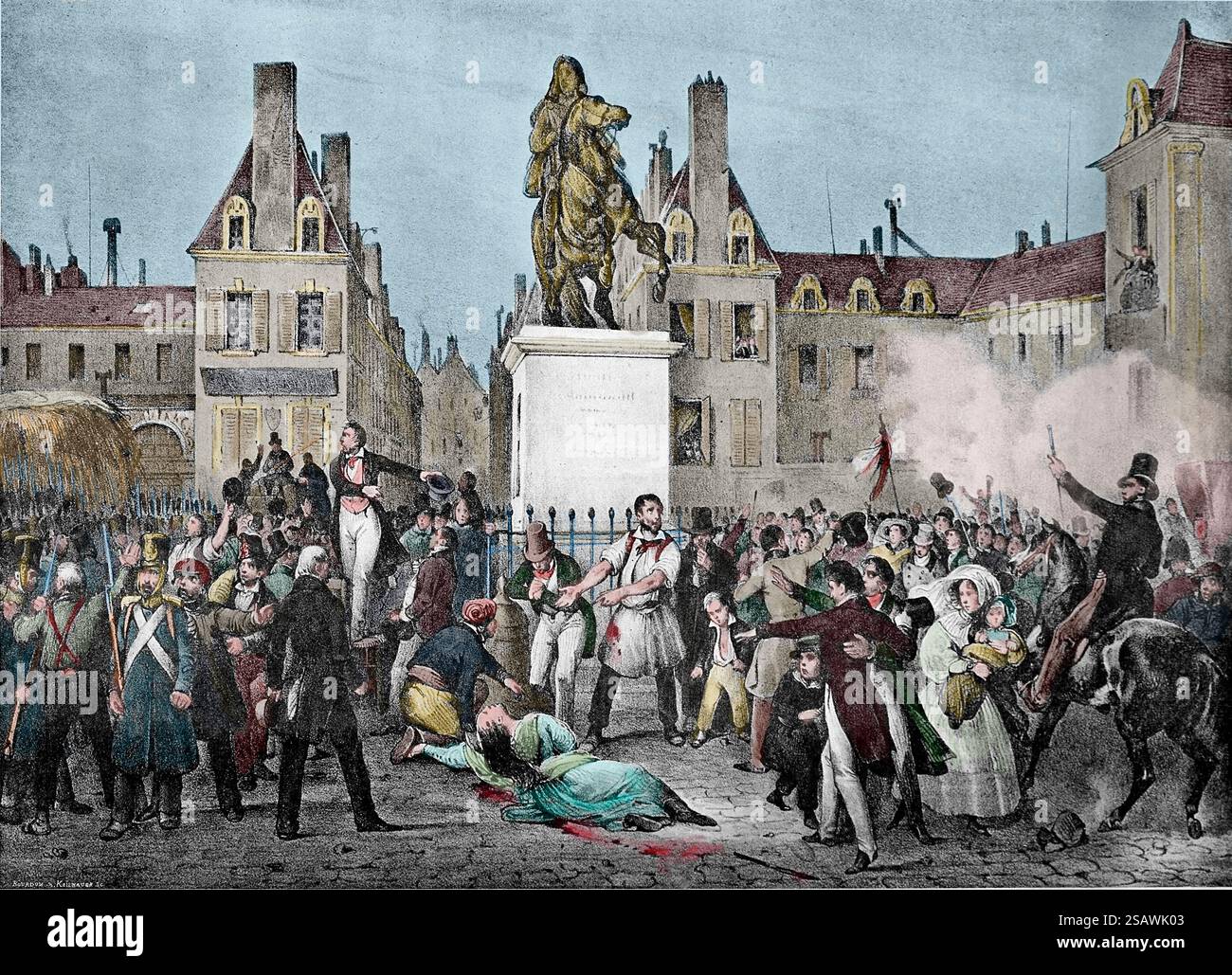 Frankreich. Paris. 1830 Revolution. Juli. Victoires Square. Gravur. Lithographie von V. Adam. "Journées Révolutionnaires", 1830-1848", París, 1897. Stockfoto