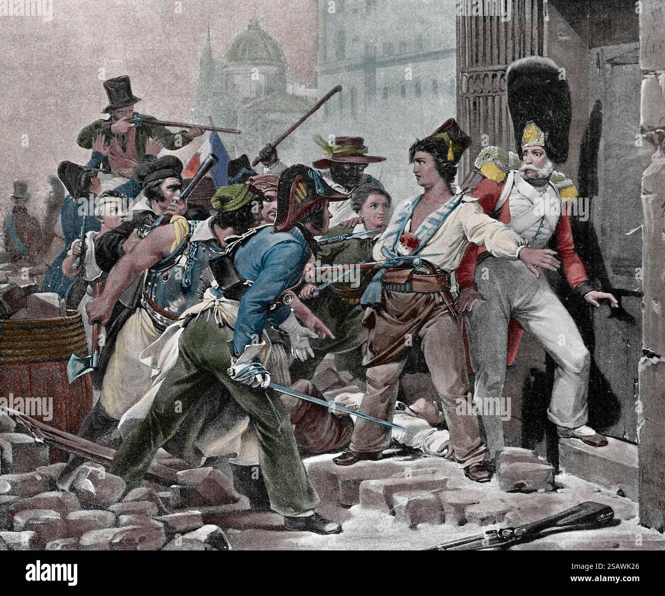 Episode der Revolution von 1830 in Paris. Junger Arbeiter, der einen Schweizer Soldaten beschützt. Stich der Malerei von Léon Coignet. Die Graveure Boussod und Vala Stockfoto