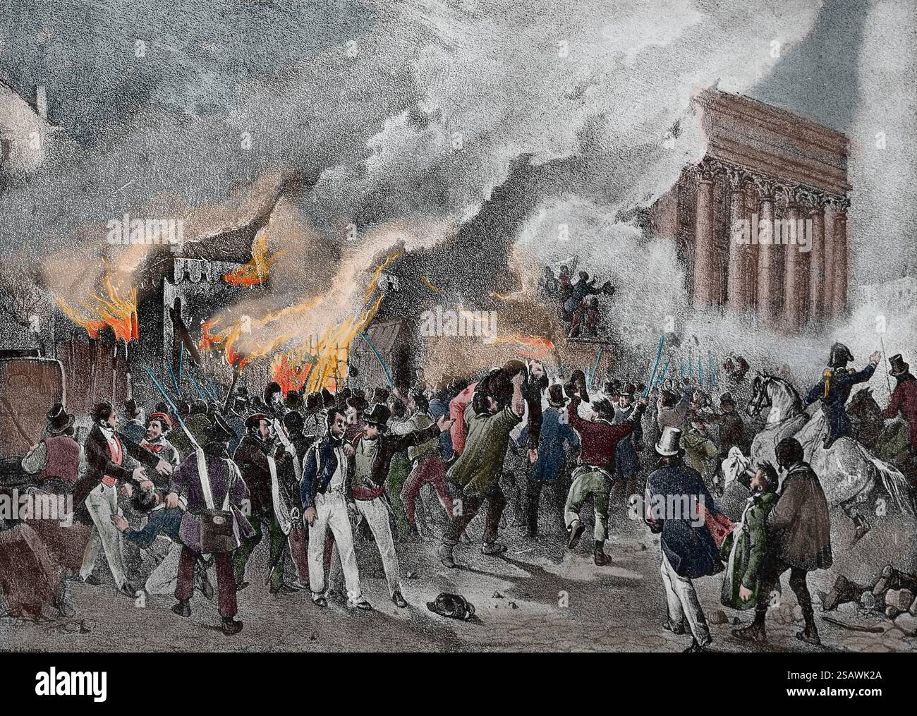Frankreich. Paris. 1830 Revolution. Gefangennahme und Verbrennung des Wachhauses der Gendarmerie, Place de la Bourse, 27. Juli. Lithographie von V. Adam. Journées Révol Stockfoto