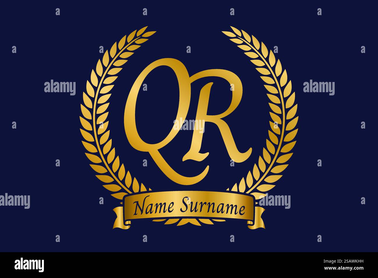 Anfangsbuchstaben Q und R, QR-Monogramm-Logo mit Lorbeerkranz. Luxuriöses goldenes Emblem mit Kalligraphie-Schriftart. Stock Vektor