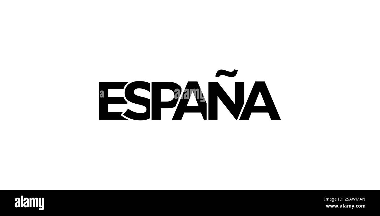 Spanien Emblem für Print und Web. Design mit geometrischem Stil, Vektorillustration mit auffälliger Typografie in moderner Schrift. Schriftzug mit grafischem Schriftzug auf weißem Hintergrund. Stock Vektor