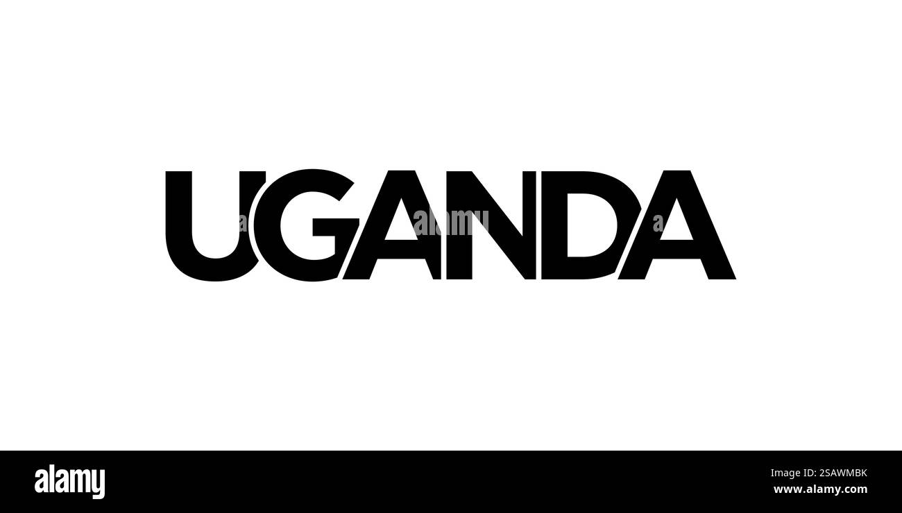 Uganda-Emblem für Print und Web. Design mit geometrischem Stil, Vektorillustration mit auffälliger Typografie in moderner Schrift. Schriftzug mit grafischem Schriftzug auf weißem Hintergrund. Stock Vektor