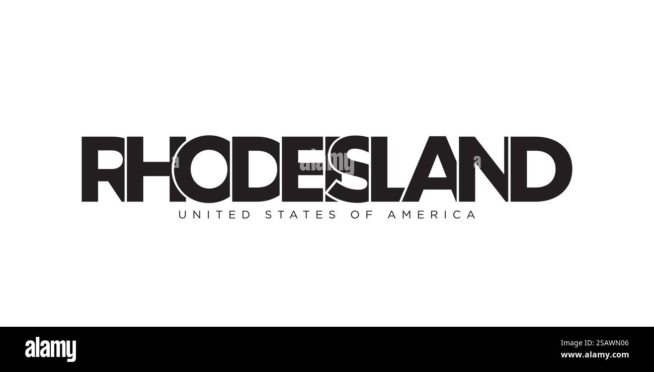 Rhode Island, USA Typografie-Schriftzug. Amerika-Logo mit grafischem Stadtschriftzug für Print- und Webprodukte. Rhode Island, USA Typografie-Schriftzug. Amerika-Logo mit grafischem Stadtschriftzug für Print und Web. Stock Vektor