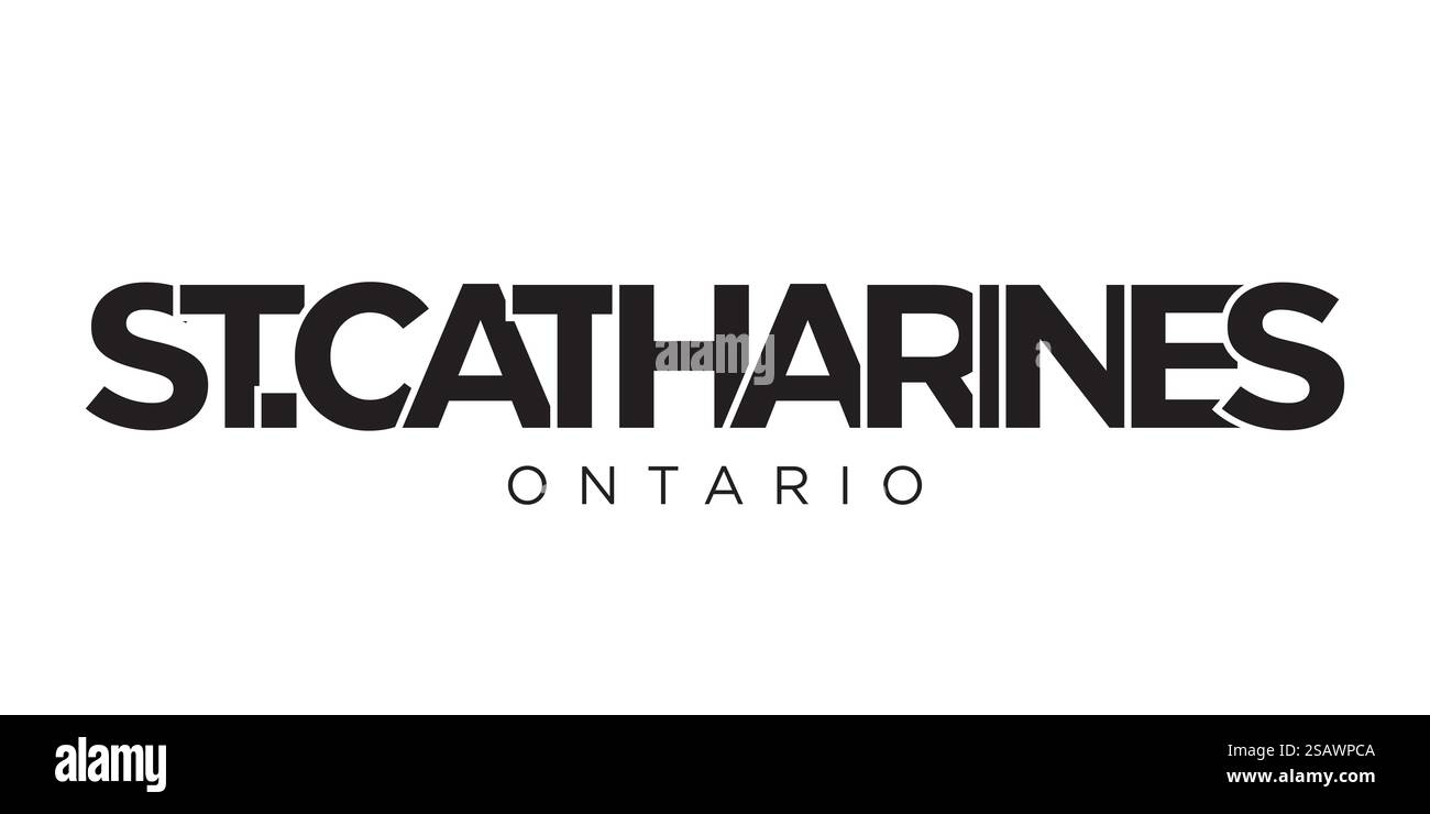 St. Catharines im kanadischen Emblem für Print und Web. Design mit geometrischem Stil, Vektorillustration mit auffälliger Typografie in moderner Schrift. Schriftzug mit grafischem Schriftzug auf weißem Hintergrund. Stock Vektor