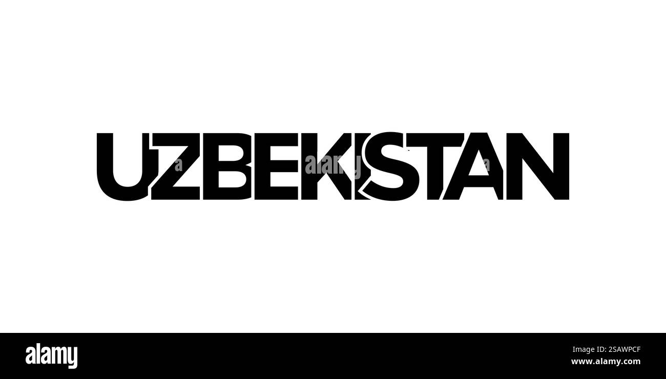 Usbekistan Emblem für Print und Web. Design mit geometrischem Stil, Vektorillustration mit auffälliger Typografie in moderner Schrift. Schriftzug mit grafischem Schriftzug auf weißem Hintergrund. Stock Vektor