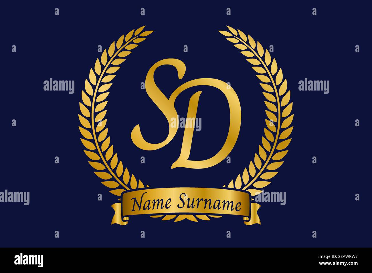 Anfangsbuchstaben S und D, SD-Monogramm-Logo mit Lorbeerkranz. Luxuriöses goldenes Emblem mit Kalligraphie-Schriftart. Stock Vektor