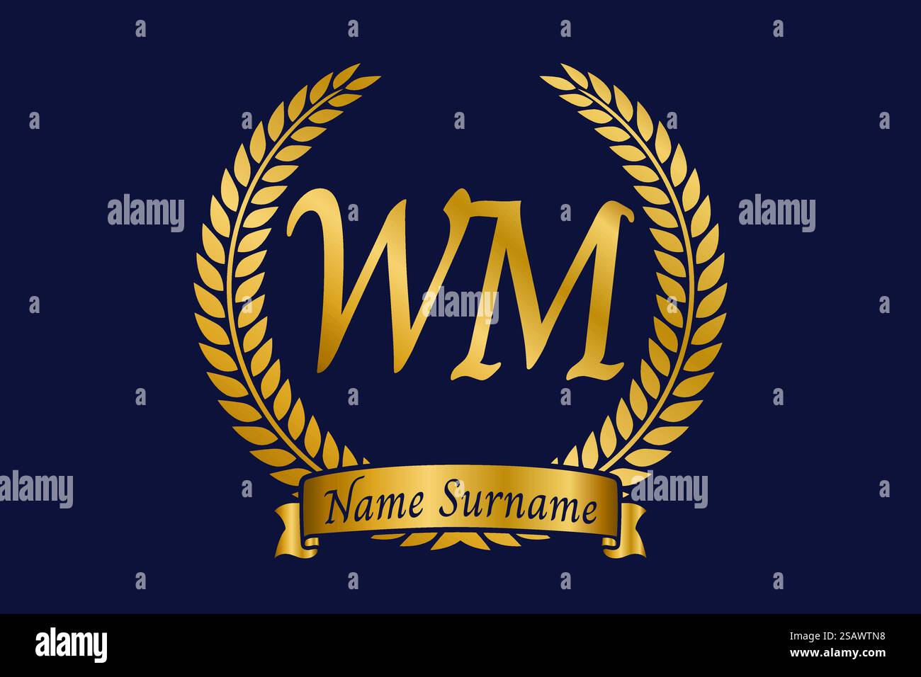 Anfangsbuchstaben W und M, WM-Monogramm-Logo mit Lorbeerkranz. Luxuriöses goldenes Emblem mit Kalligraphie-Schriftart. Stock Vektor