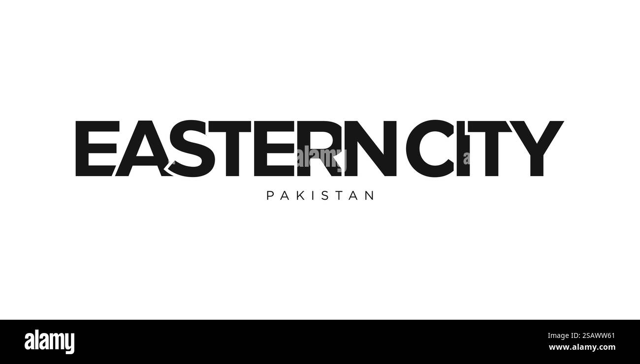 Östliche Stadt im pakistanischen Emblem für Print und Web. Design mit geometrischem Stil, Vektorillustration mit auffälliger Typografie in moderner Schrift. Schriftzug mit grafischem Schriftzug auf weißem Hintergrund. Stock Vektor