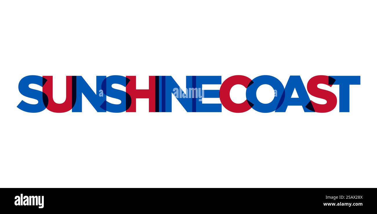 Sunshine Coast im australischen Emblem für Print und Web. Design mit geometrischem Stil, Vektorillustration mit auffälliger Typografie in moderner Schrift. Schriftzug mit grafischem Schriftzug auf weißem Hintergrund. Stock Vektor