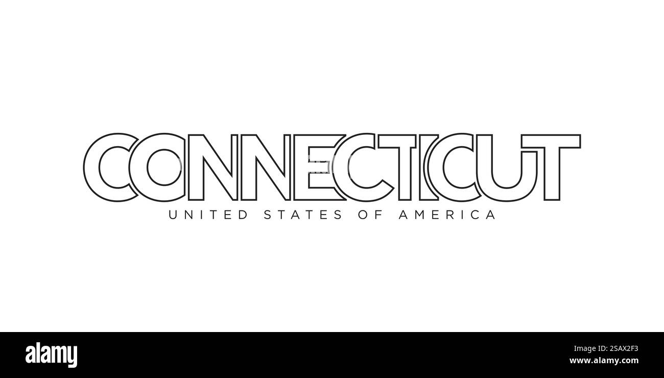 Design mit Typografie-Schriftzug in Connecticut, USA. Amerika-Logo mit grafischem Stadtschriftzug für Print- und Webprodukte. Design mit Typografie-Schriftzug in Connecticut, USA. Amerika-Logo mit grafischem Stadtschriftzug für Print und Web. Stock Vektor