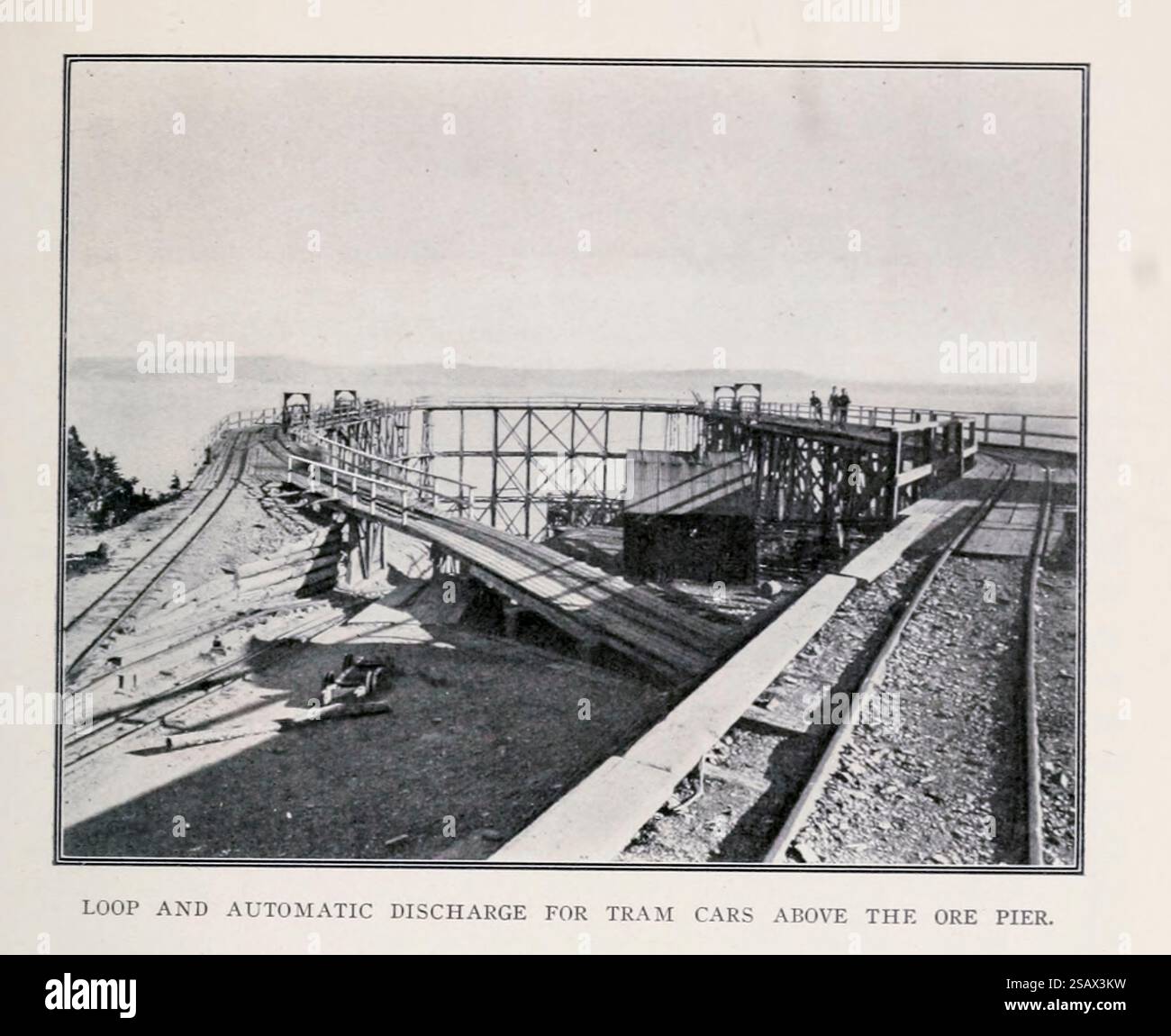 SCHLEIFE UND AUTOMATISCHE ENTLADUNG FÜR STRASSENBAHNWAGEN ÜBER DEM ERZPIER. Aus dem Artikel THE MANUFACTURING OF IRON AND STEEL IN CAPE BRETON von P. T. McGrath. Aus dem Engineering Magazine widmet sich Industrial Progress Band XXI 1901 The Engineering Magazine Co Stockfoto