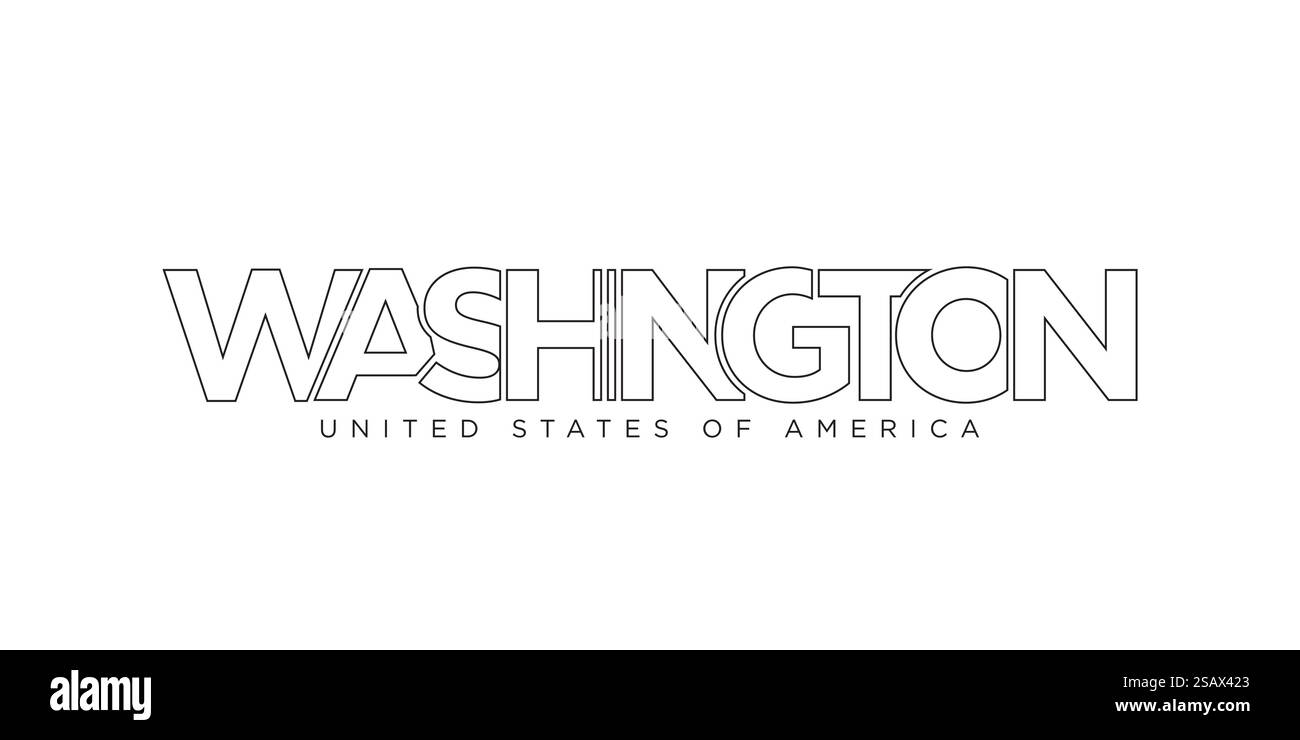 Design mit Typografie-Schriftzug in Washington, USA. Amerika-Logo mit grafischem Stadtschriftzug für Print- und Webprodukte. Design mit Typografie-Schriftzug in Washington, USA. Amerika-Logo mit grafischem Stadtschriftzug für Print und Web. Stock Vektor