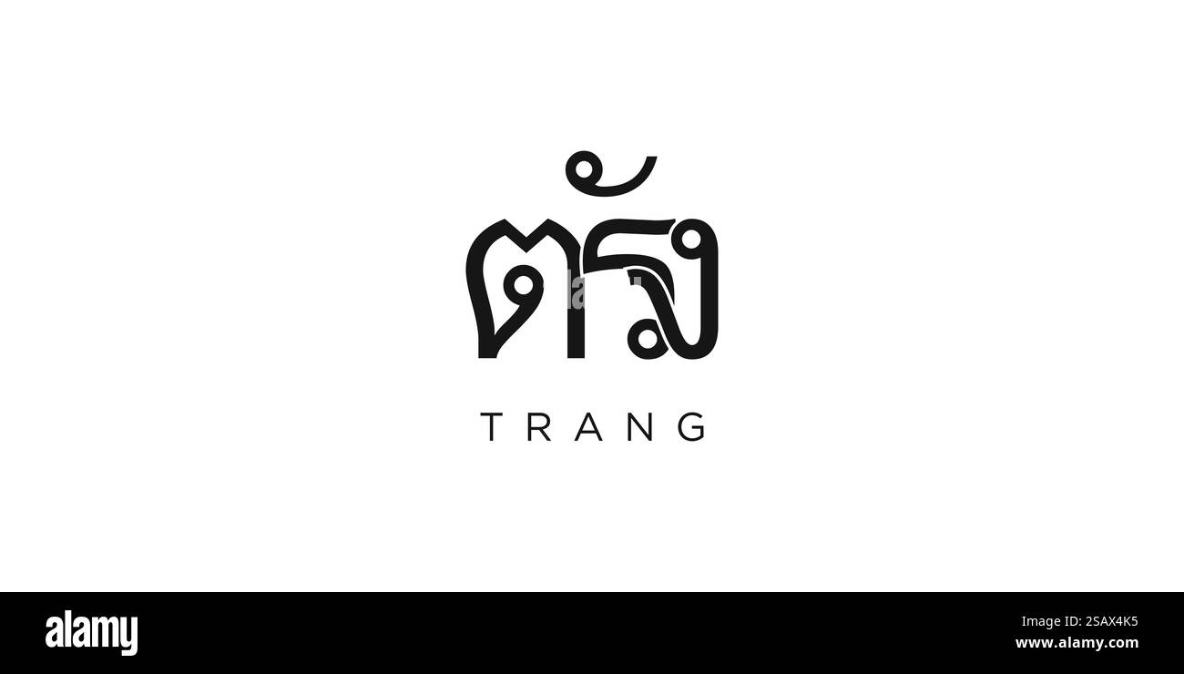 Trang im thailändischen Emblem für Print und Web. Design mit geometrischem Stil, Vektorillustration mit auffälliger Typografie in moderner Schrift. Schriftzug mit grafischem Schriftzug auf weißem Hintergrund. Stock Vektor