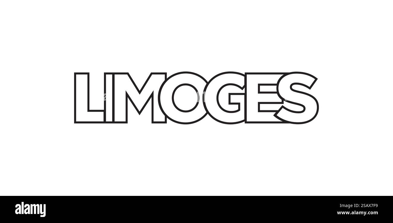 Limoges im französischen Emblem für Print und Web. Design mit geometrischem Stil, Vektorillustration mit auffälliger Typografie in moderner Schrift. Schriftzug mit grafischem Schriftzug auf weißem Hintergrund. Stock Vektor