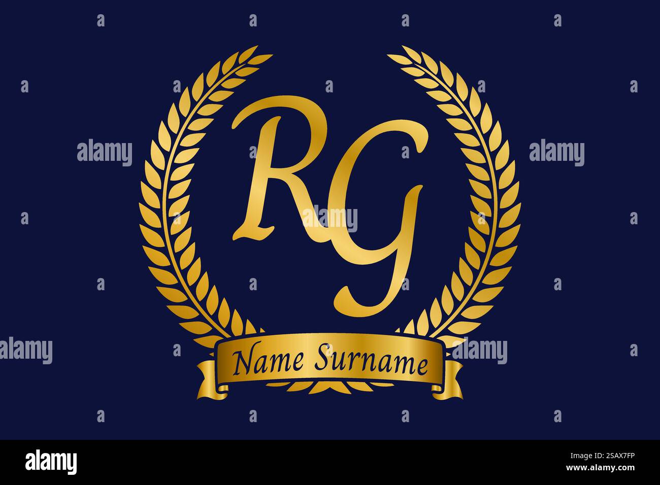 Anfangsbuchstaben R und G, RG-Monogramm-Logo mit Lorbeerkranz. Luxuriöses goldenes Emblem mit Kalligraphie-Schriftart. Stock Vektor