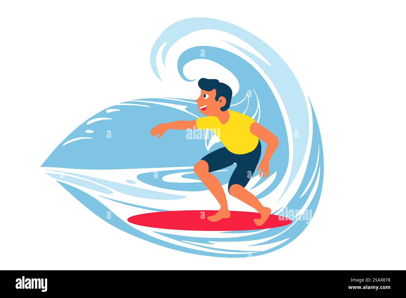Surfen auf einer Welle im Meer. Surffahrer auf großen Wellen. Surfer Vektor Illustration in flachem Design für T-Shirt Druck oder Club Banner.. Surfen auf einer Welle im Meer. Surffahrer auf großen Wellen. Surfer-Vektor-Illustration Design für T-Shirt-Druck oder Club-Banner. Stock Vektor