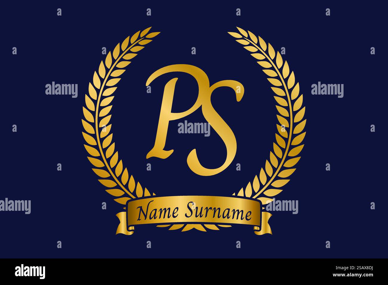 Anfangsbuchstaben P und S, PS-Monogramm-Logo mit Lorbeerkranz. Luxuriöses goldenes Emblem mit Kalligraphie-Schriftart. Stock Vektor