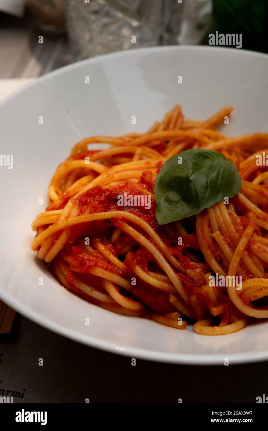 Klassische Spaghetti- und Tomatensauce mit Basilikumgarnitur Stockfoto