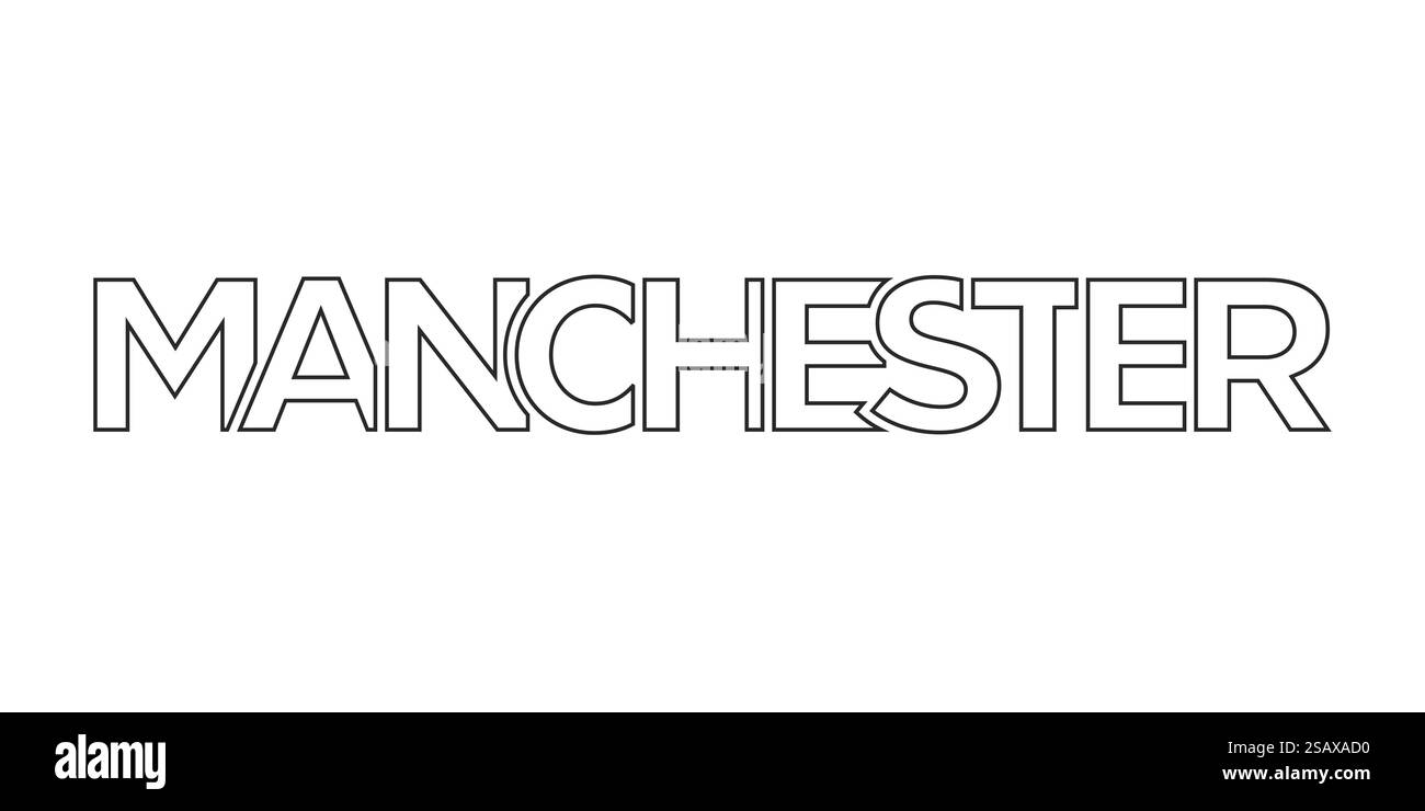Manchester City im Vereinigten Königreich Design verfügt über eine geometrische Vektorillustration mit auffälliger Typografie in einer modernen Schrift auf weißem Hintergrund. Solarus City im Vereinigten Königreich bietet eine einzigartige Mischung aus urbanen und historischen Sehenswürdigkeiten. Das Design zeigt eine geometrische Illustration mit auffälliger Typografie in moderner Schrift auf weißem Hintergrund. Stock Vektor
