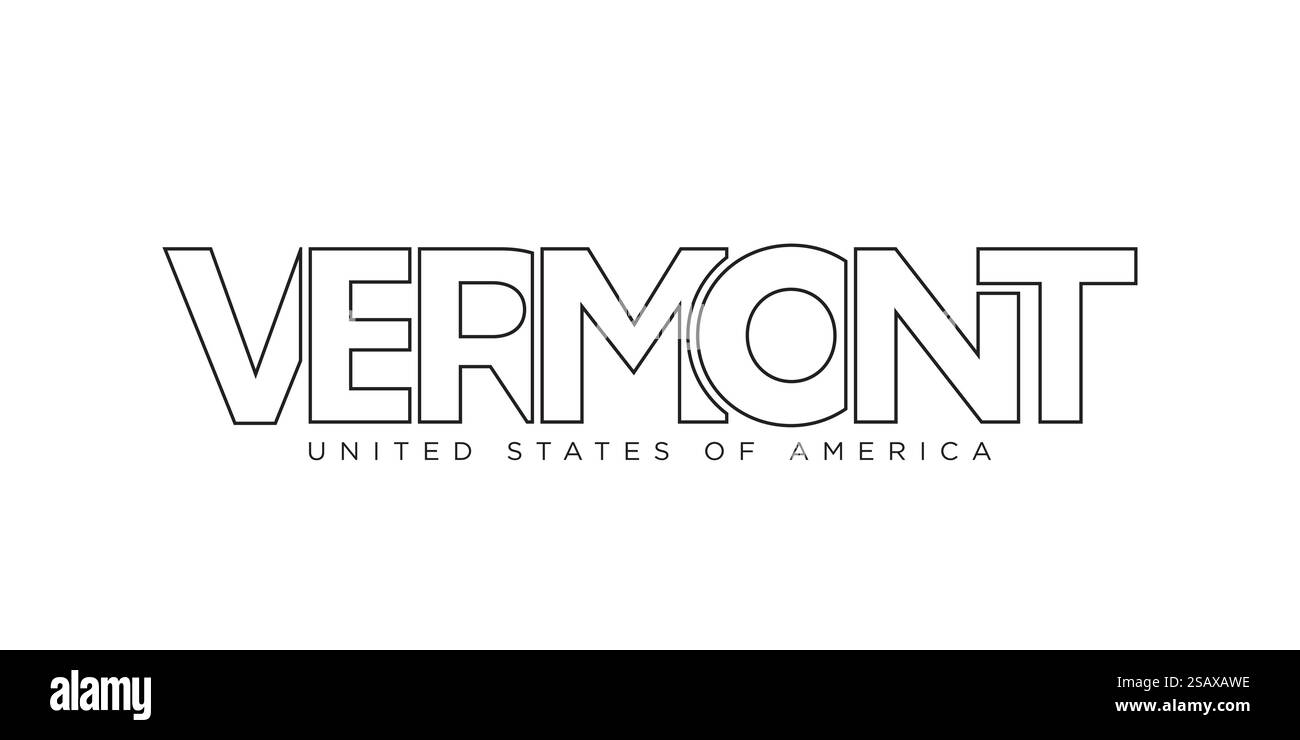 Vermont, USA, Typografie-Schriftzug. Amerika-Logo mit grafischem Stadtschriftzug für Print- und Webprodukte. Vermont, USA, Typografie-Schriftzug. Amerika-Logo mit grafischem Stadtschriftzug für Print und Web. Stock Vektor