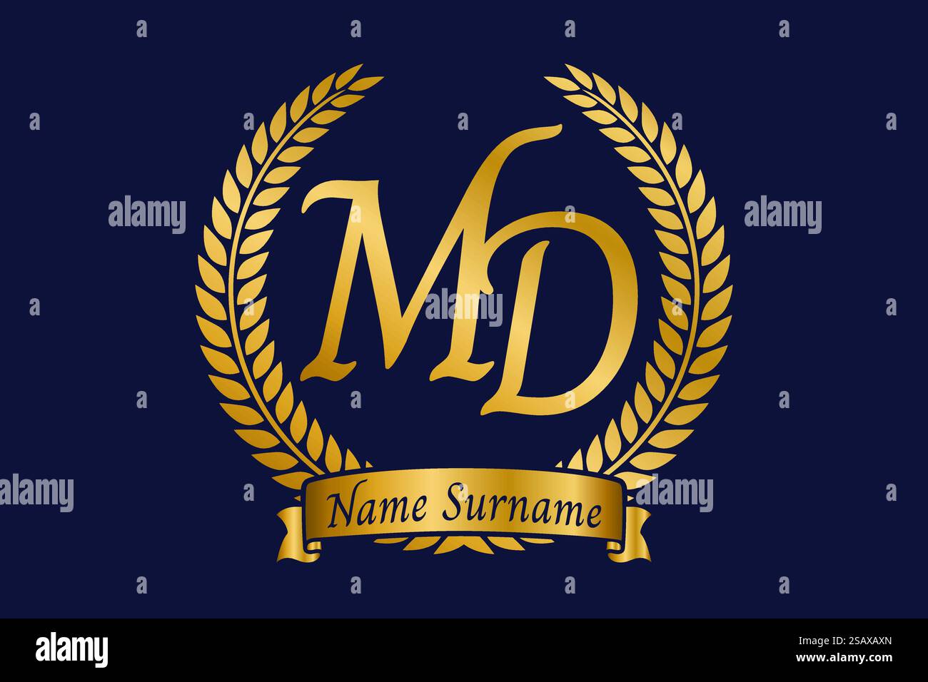 Anfangsbuchstaben M und D, MD-Monogramm-Logo mit Lorbeerkranz. Luxuriöses goldenes Emblem mit Kalligraphie-Schriftart. Stock Vektor