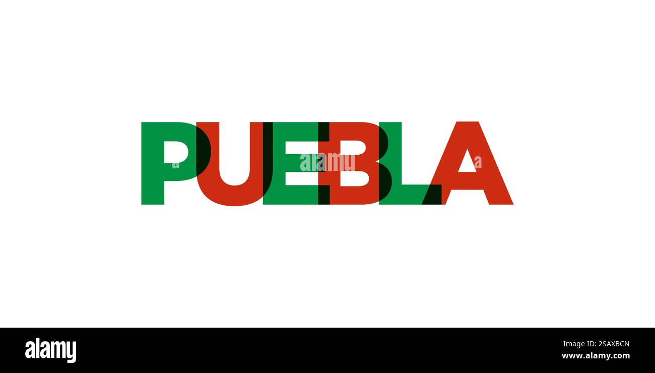 Puebla im mexikanischen Emblem für Print und Web. Design mit geometrischem Stil, Vektorillustration mit auffälliger Typografie in moderner Schrift. Schriftzug mit grafischem Schriftzug auf weißem Hintergrund. Stock Vektor