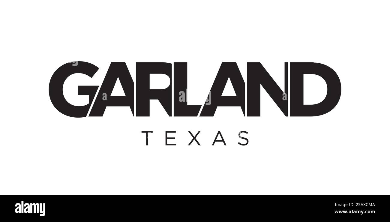Design mit Schriftzug in Garland, Texas, USA. Amerika-Logo mit grafischem Stadtschriftzug für Print- und Webprodukte. Design mit Schriftzug in Garland, Texas, USA. Amerika-Logo mit grafischem Stadtschriftzug für Print und Web. Stock Vektor