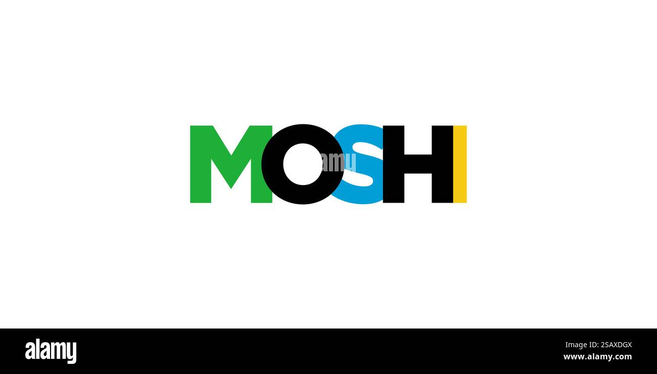 Moshi im Tansania Emblem für Print und Web. Design mit geometrischem Stil, Vektorillustration mit auffälliger Typografie in moderner Schrift. Schriftzug mit grafischem Schriftzug isoliert auf weißem Hintergrund. Moshi im Tansania Emblem. Das Design verfügt über einen geometrischen Stil, Vektorillustration mit auffälliger Typografie in einer modernen Schriftart. Der grafische Schriftzug. Stock Vektor