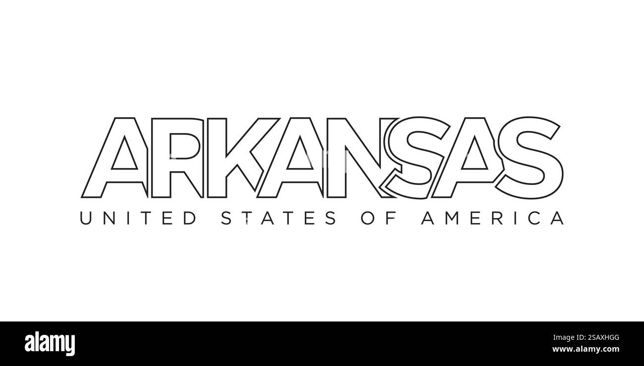 Design mit Typografie-Schriftzug in Arkansas, USA. Amerika-Logo mit grafischem Stadtschriftzug für Print- und Webprodukte. Design mit Typografie-Schriftzug in Arkansas, USA. Amerika-Logo mit grafischem Stadtschriftzug für Print und Web. Stock Vektor