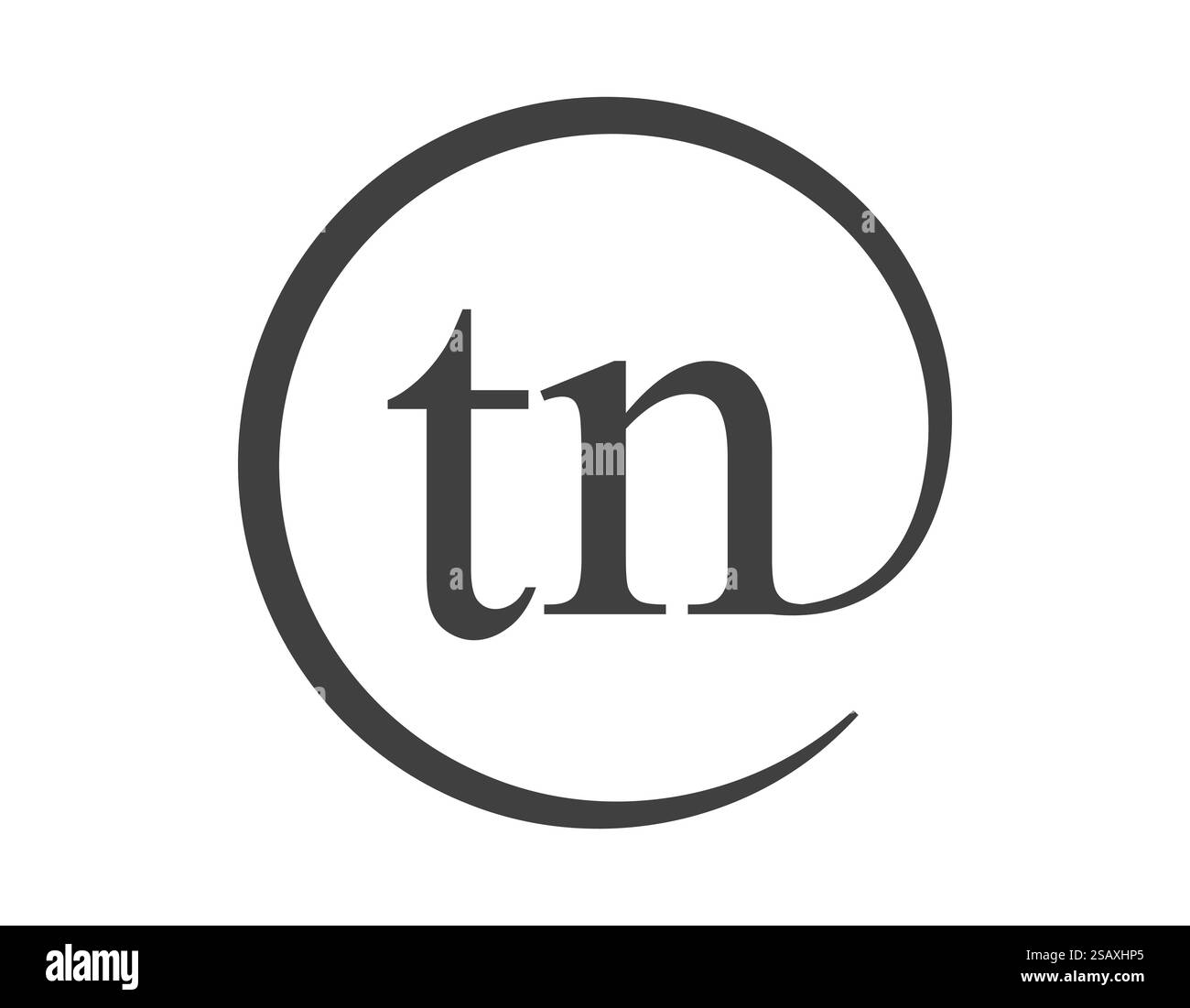 TN-Logo aus zwei Buchstaben mit kreisförmigem E-Mail-Schild. T und N runden das Logo des Unternehmens für die Markenidentität ab. Stock Vektor