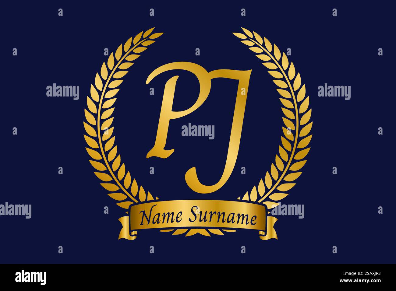 Anfangsbuchstaben P und J, PJ-Monogramm-Logo mit Lorbeerkranz. Luxuriöses goldenes Emblem mit Kalligraphie-Schriftart. Stock Vektor
