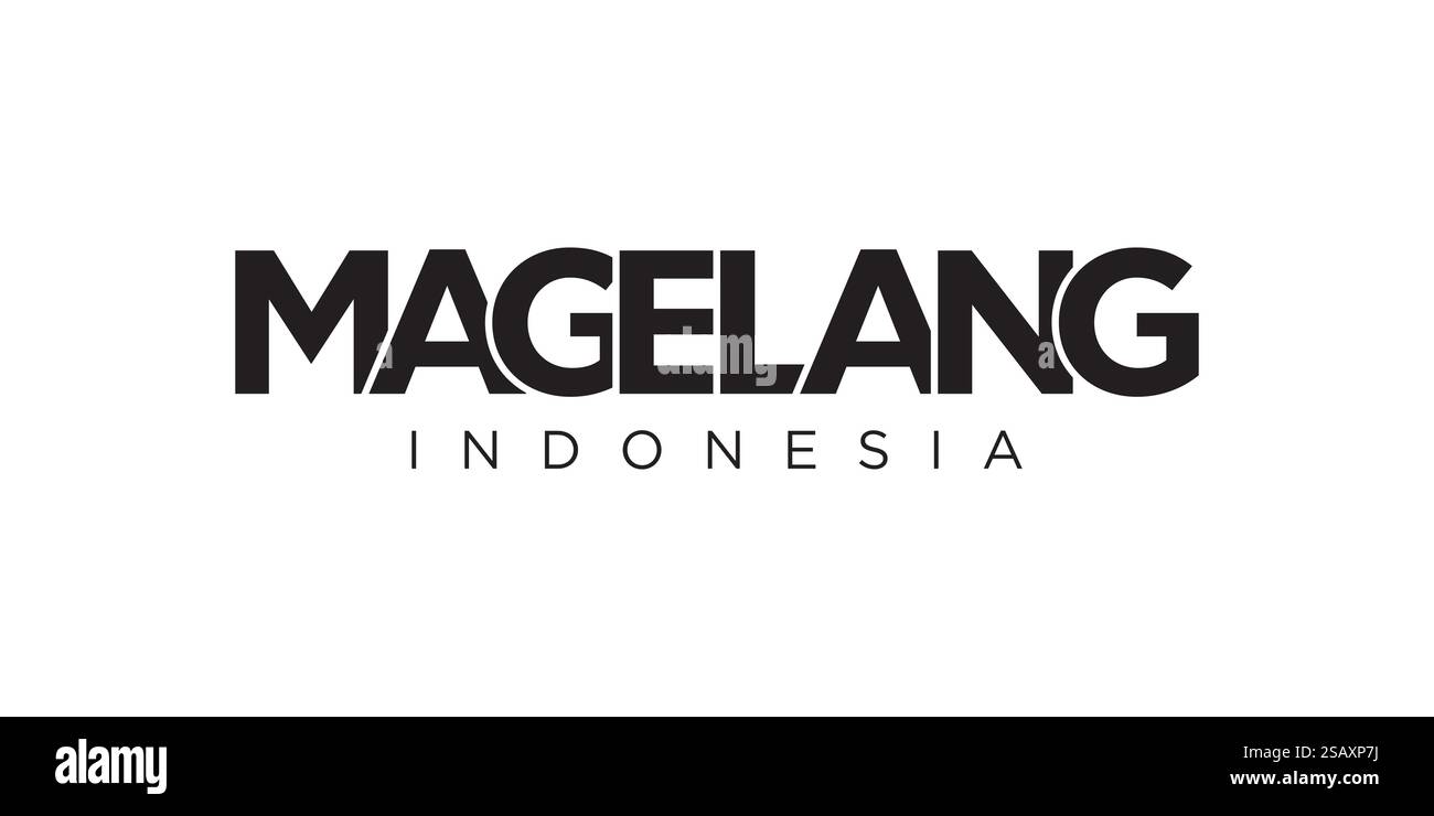 Magelang im indonesischen Emblem für Print und Web. Design mit geometrischem Stil, Vektorillustration mit auffälliger Typografie in moderner Schrift. Schriftzug mit grafischem Schriftzug isoliert auf weißem Hintergrund. Magelang im indonesischen Emblem. Das Design verfügt über einen geometrischen Stil, Vektorillustration mit auffälliger Typografie in einer modernen Schriftart. Der grafische Schriftzug. Stock Vektor