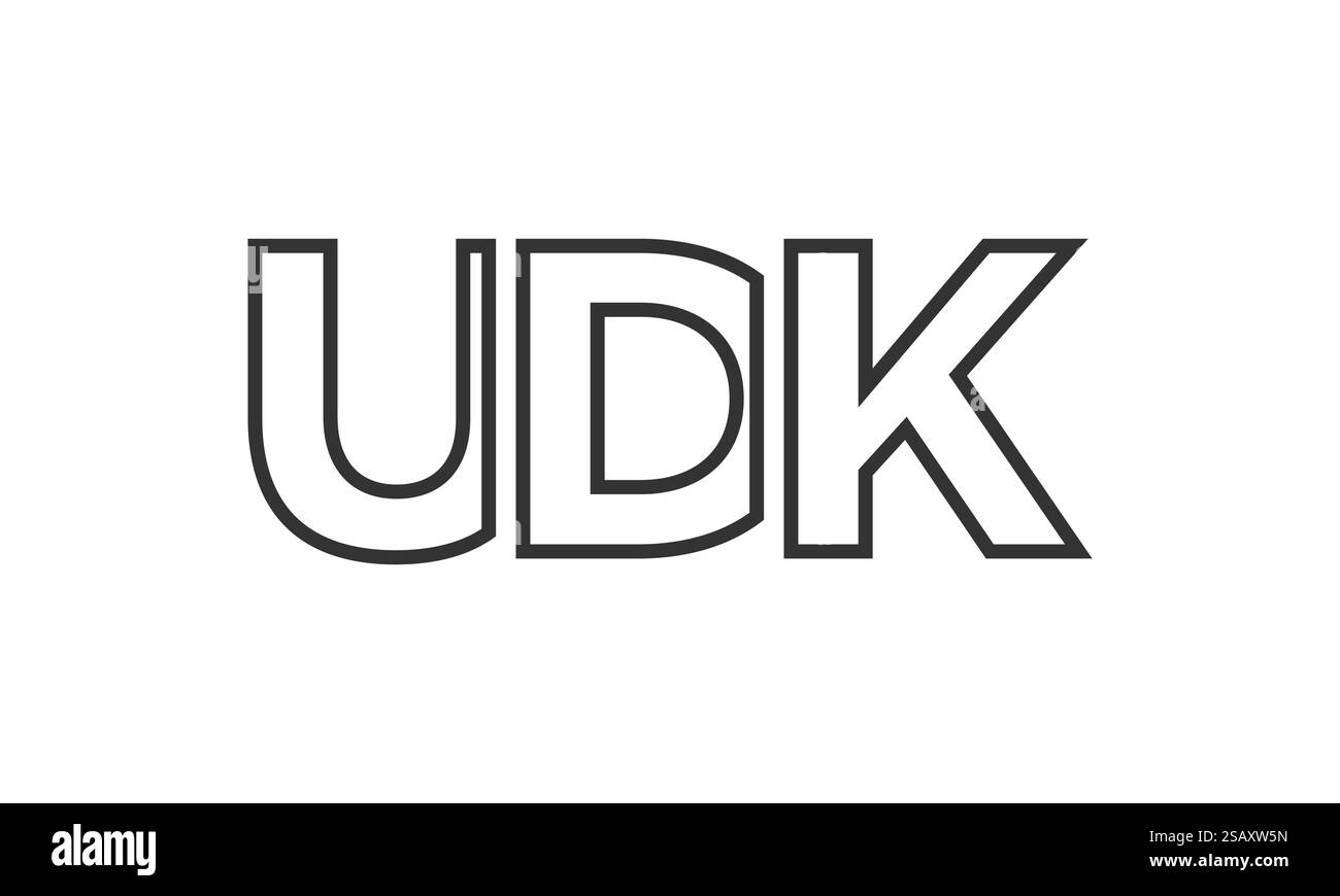 UDK-Logo-Designvorlage mit starkem und modernem, fettgedrucktem Text. Anfänglich basierter Vektorlogotyp mit einfacher und minimaler Typografie. Trendige Unternehmensidentität, ideal für die Markenpräsenz von Unternehmen. Stock Vektor