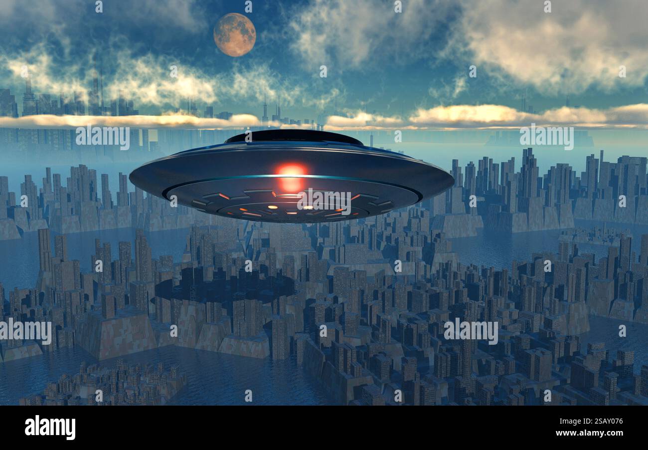 Eine UAP, die über Eine Stadt fliegt Stockfoto