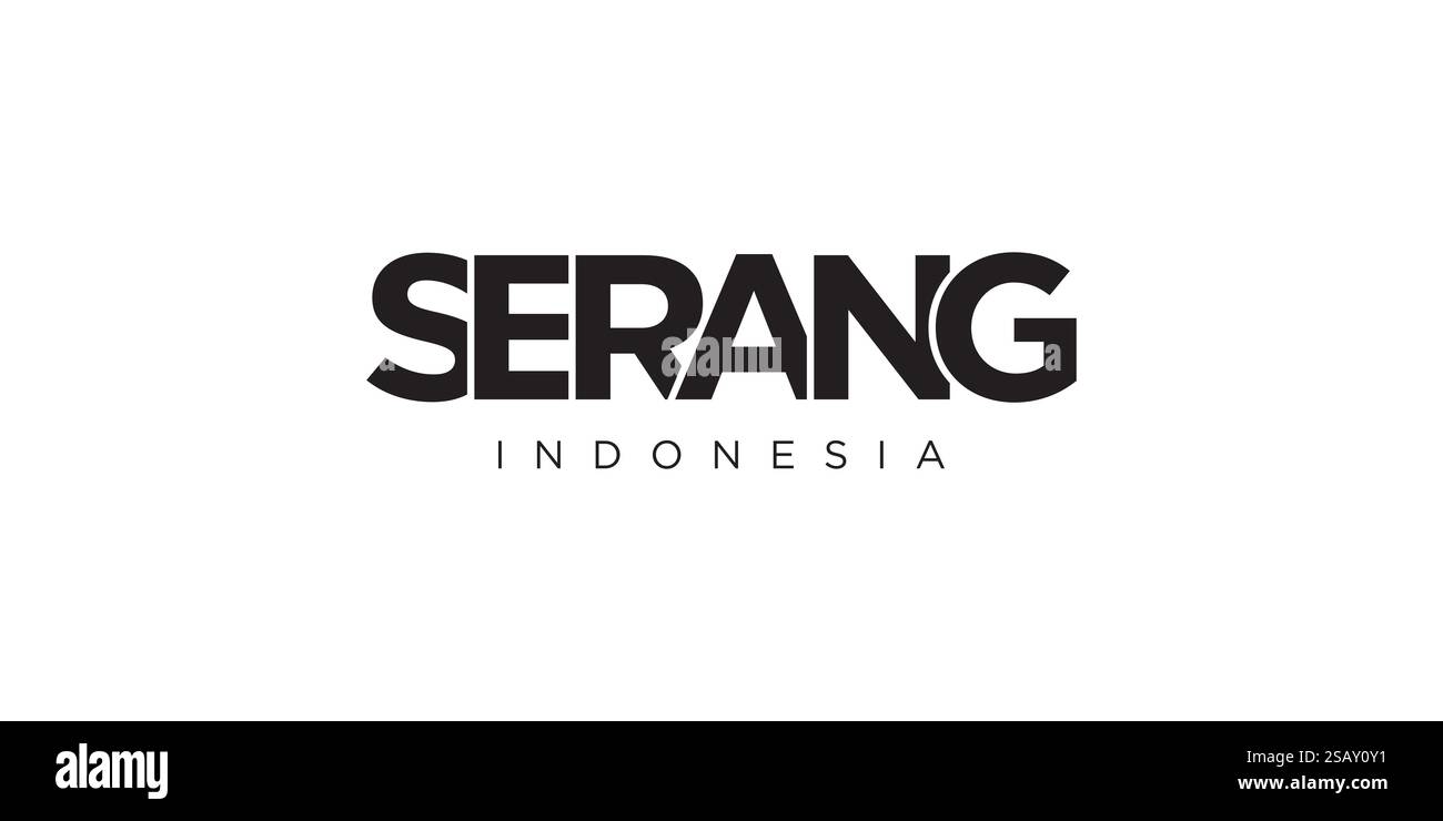 Serang im indonesischen Emblem für Print und Web. Design mit geometrischem Stil, Vektorillustration mit auffälliger Typografie in moderner Schrift. Schriftzug mit grafischem Schriftzug isoliert auf weißem Hintergrund. Serang im indonesischen Emblem. Das Design verfügt über einen geometrischen Stil, Vektorillustration mit auffälliger Typografie in einer modernen Schriftart. Der grafische Schriftzug. Stock Vektor