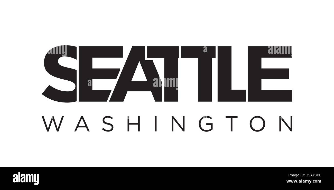 Design mit Typografie-Schriftzug in Seattle, Washington, USA. Amerika-Logo mit grafischem Stadtschriftzug für Print- und Webprodukte. Design mit Typografie-Schriftzug in Seattle, Washington, USA. Amerika-Logo mit grafischem Stadtschriftzug für Print und Web. Stock Vektor