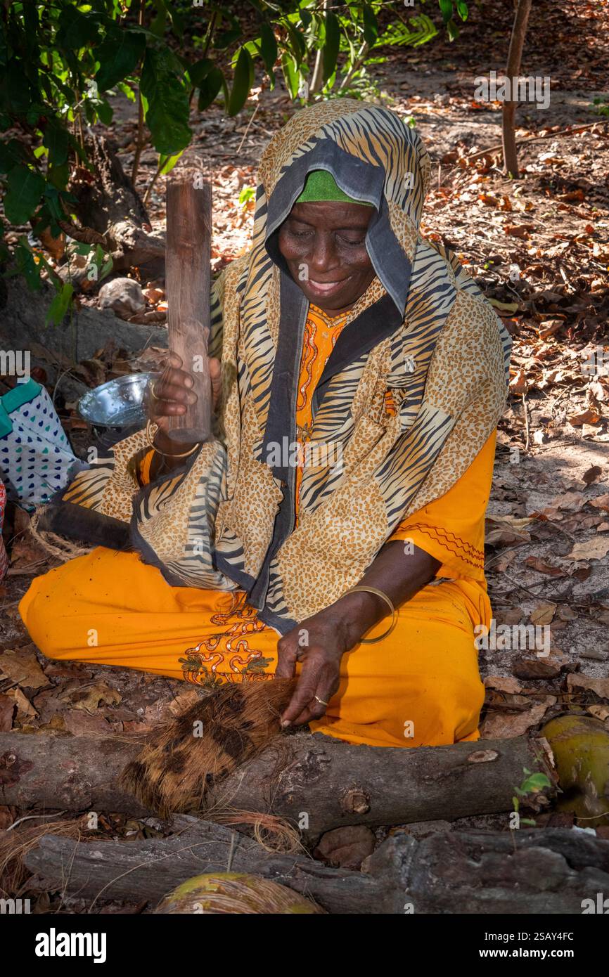 Afrika Tansania, Sansibar, Ostküste, Jambiani, kulturelle Tour durch das Dorf, Frau, die verrottete Kokosnussschalen hämmert, um Fasern freizusetzen Stockfoto