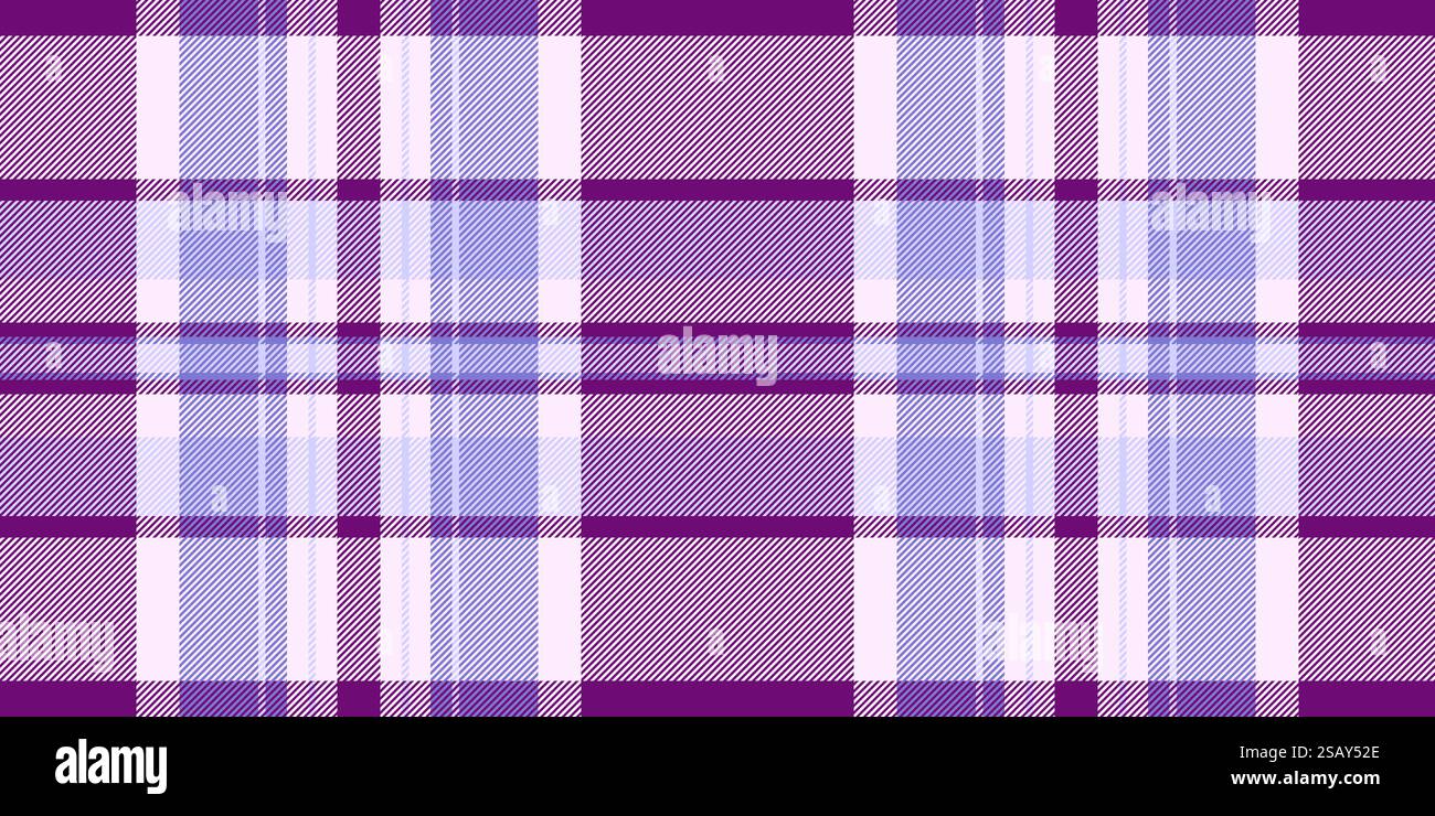 Seidenvektor-Karo-Schotten, keltisches kariertes Textil nahtlos. Papierstruktur Hintergrundmuster in weiß und violett Farbpalette. Stock Vektor