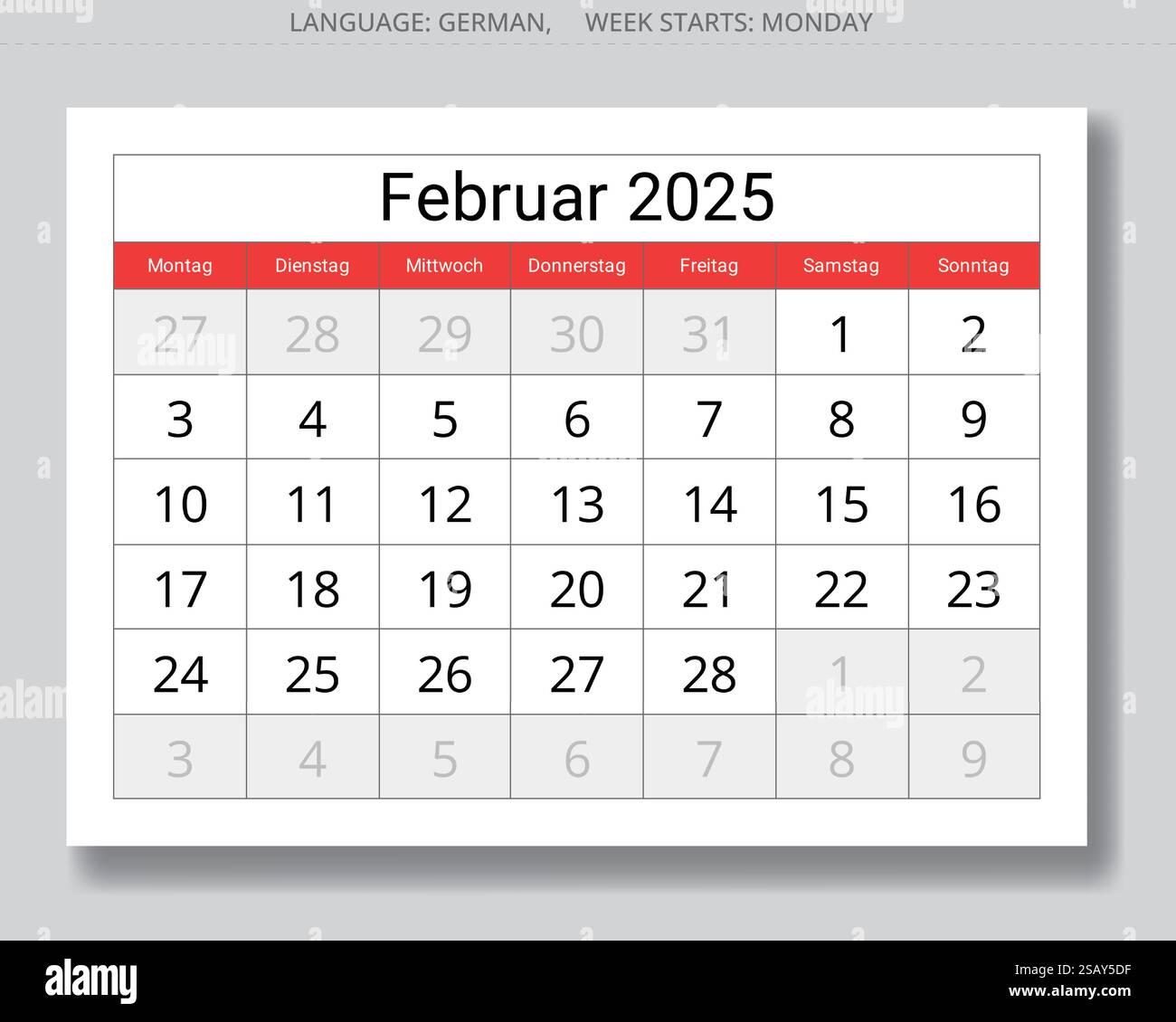 Deutscher Kalender für februar 2025. Vektor-Illustration Papierseite eines Wintermonats für Deutschland - Kalender februar Stock Vektor