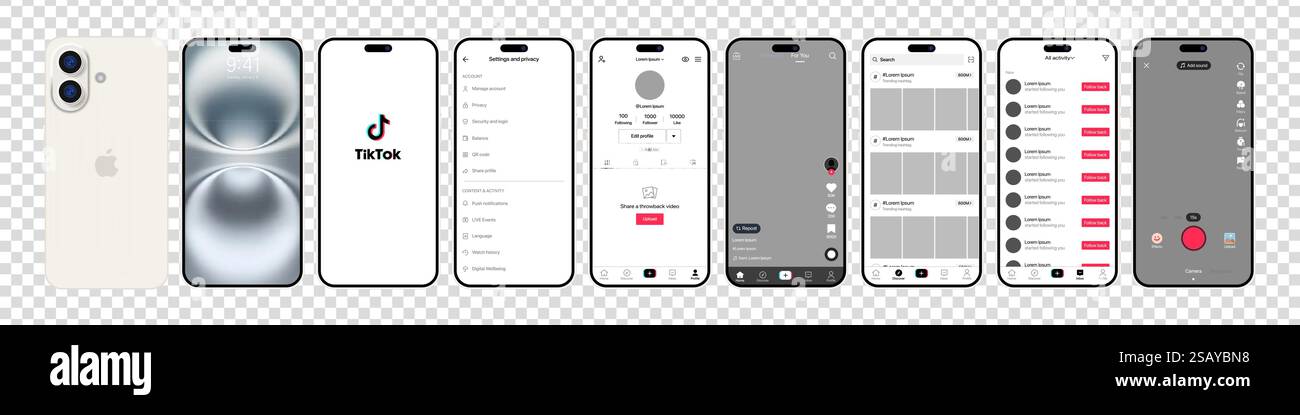 Tik Tok Design für iPhone 16. Legen Sie die Vorlage für die Benutzeroberfläche für soziale Medien und soziale Netzwerke für Tik Tok-Bildschirme fest. Homepage, Empfehlungen, Abonnements. Tik Tok Stock Vektor