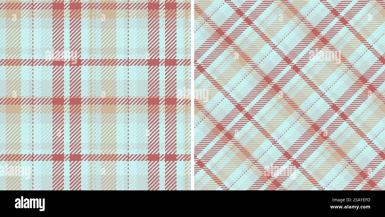 Vektor-kariertes Gewebe mit gemusterter Textur mit einem nahtlosen Schottenhintergrund-Check. In Retro-Farben. Stilvolle Gingham-Muster für Kleidung. Vektor-kariertes Gewebe mit gemusterter Textur mit einem nahtlosen Schottenhintergrund-Check. In Retro-Farben. Modische Gingham-Muster für Kleidung. Stock Vektor