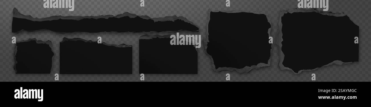 Papier geschnittene schwarze Formen mit rauen abgerissenen Kanten, unregelmäßigen Rändern, zerfetzten Fragmenten verschiedener Größen und gerissenen Streifen auf transparentem Hintergrund. Distress-Elemente für Scrapbooking. Stock Vektor