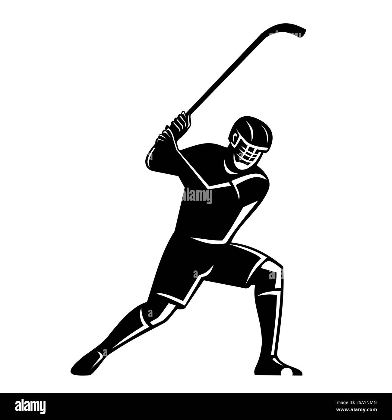 Stencil-Illustration einer Silhouette eines Shinty-Spielers, einem Hockey-Stil-Mannschaftssport, der mit Stöcken namens Caman und einem Ball gespielt wird, der isoliert auf einen Ball trifft Stock Vektor