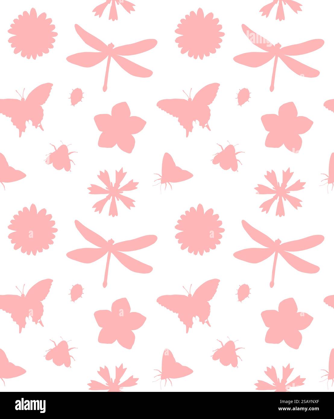Nahtloses Vektor-Muster von rosa Hand gezeichneten Insekten und Blumen Silhouette isoliert auf weißem Hintergrund Stock Vektor